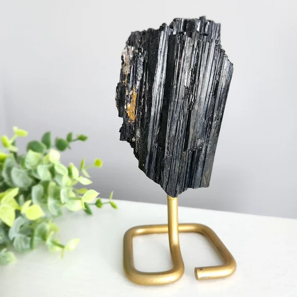 Raw black tourmaline chunk on gold stand - crystal - Picture 5 of 10
